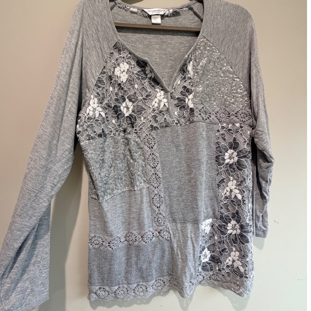 Christopher Banks Top Womens P XL Gray Lace Sequin Stretch Cottagecore Monochome